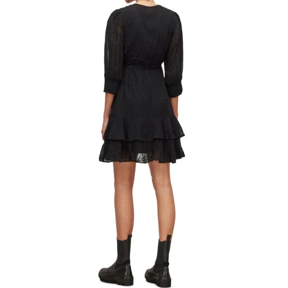 AllSaints Black Viscose Wrap Dress With Puff Sleeves Sz 4 - Picture 2 of 8